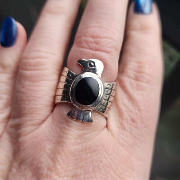925 Sterling Silver Jewelry - Handmade Sterling Silver 925 Onyx Thunderbird Ring Size 8